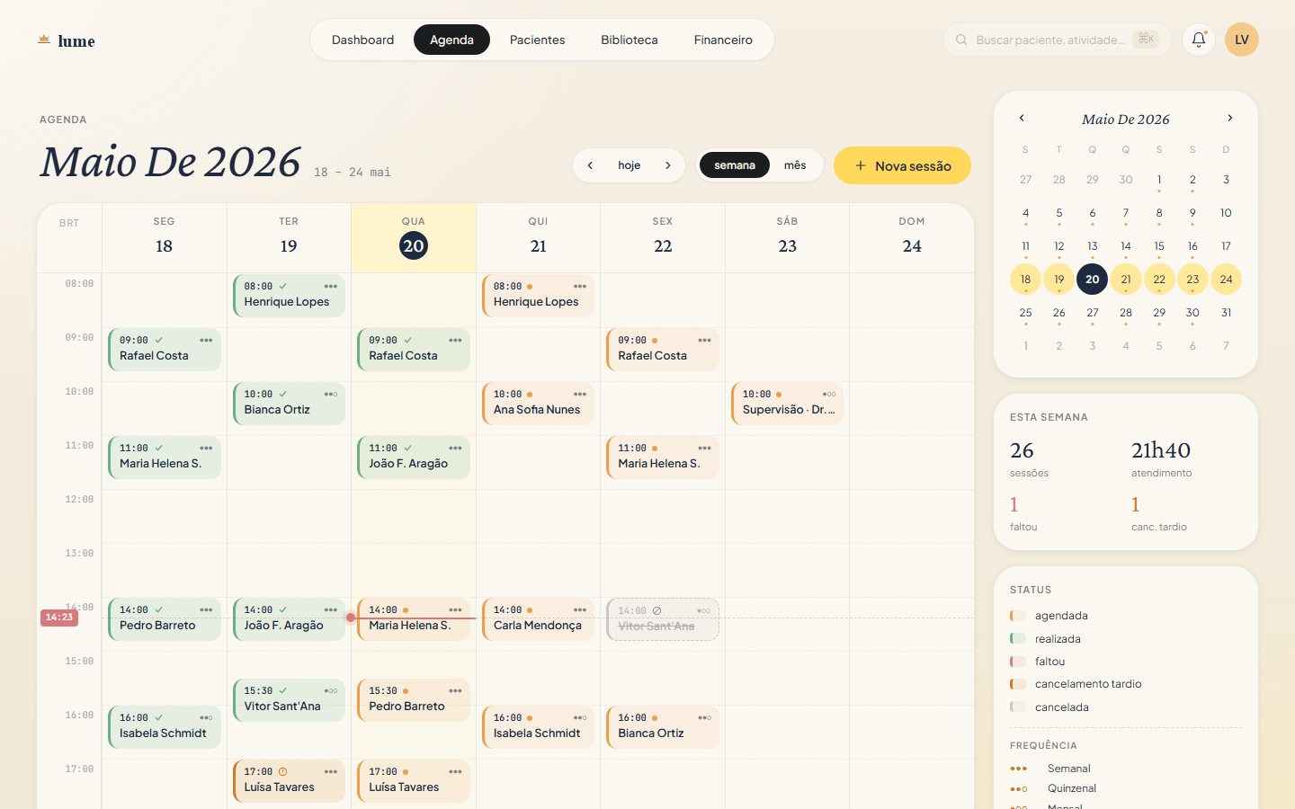 Protótipo do Lume, com dados fictícios: agenda semanal com sessões por status