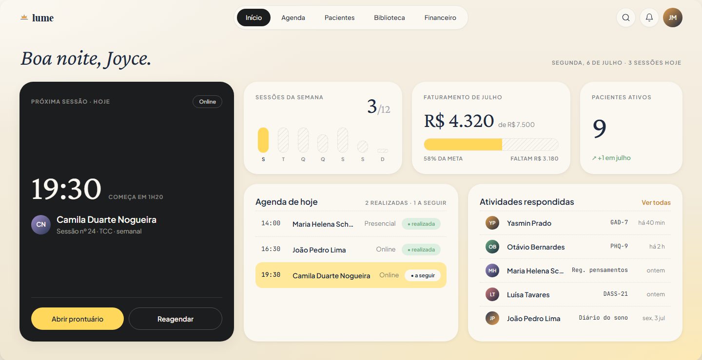 Protótipo do Lume, com dados fictícios: dashboard com a próxima sessão, sessões da semana, faturamento do mês, agenda de hoje e atividades respondidas